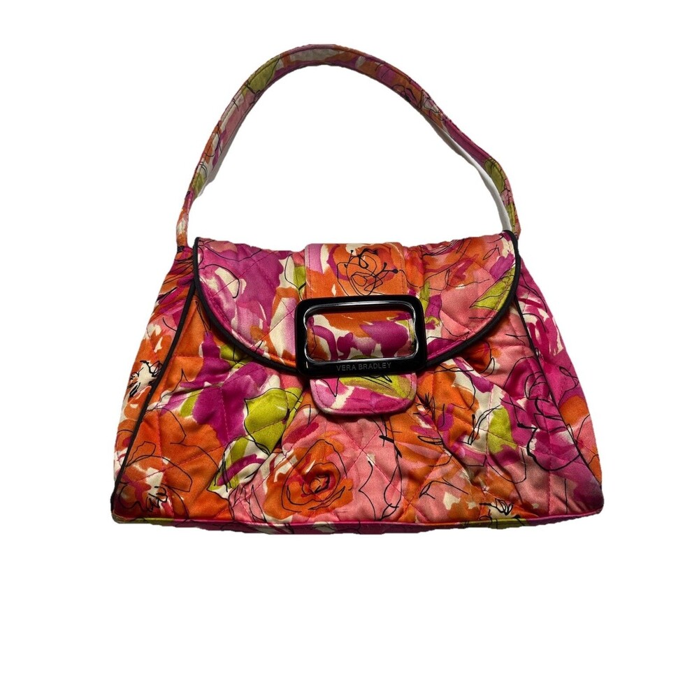 Vera Bradley Quilted Shoulder Bag Floral Print Pink Orange Green Buckle Handbag‎